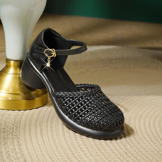 Damen elegante Riemchen-Sandaletten mit dekorativem Geflecht und komfortablem Blockabsatz EB