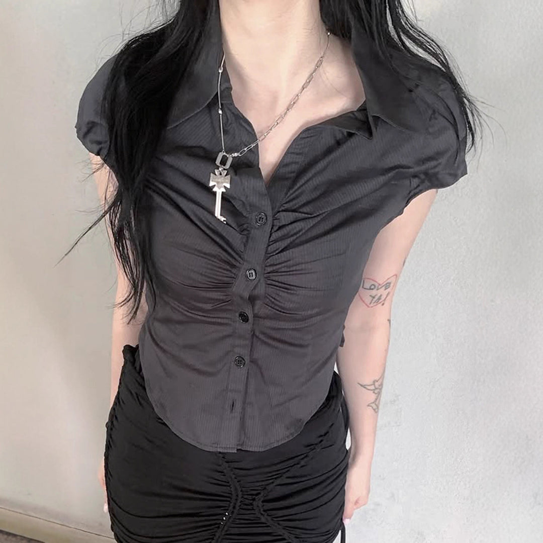Damen Kurzarmbluse mit Raffung und eleganter Knopfleiste EB