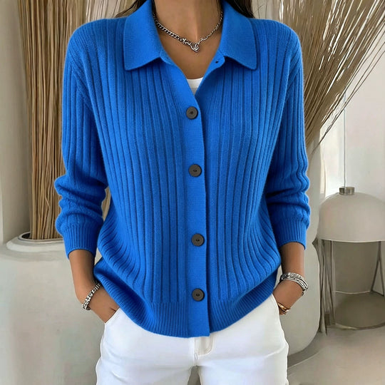 Damen Feiner gerippter Knopf‑Cardigan mit Hemdkragen und kastiger Silhouette EB