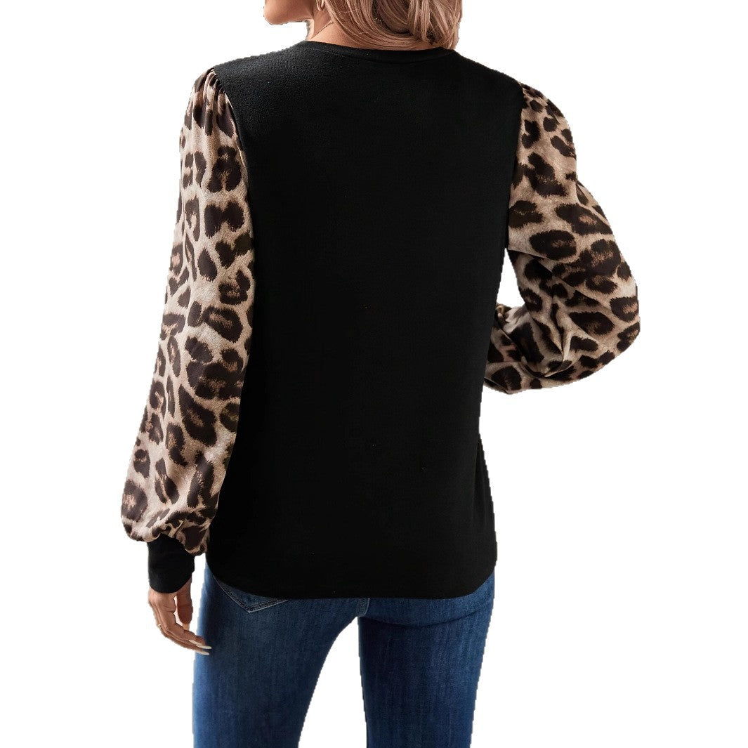 Damen Sweatshirt mit modischen Leopardenärmeln EB