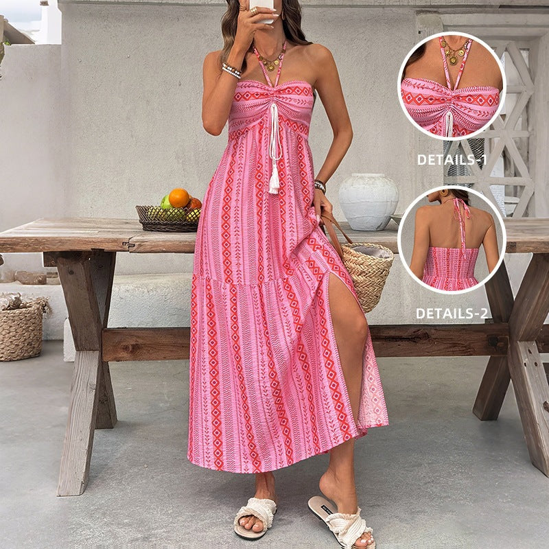Damen Maxi-Strandkleid mit elastischem Oberteil und verspieltem Muster EB