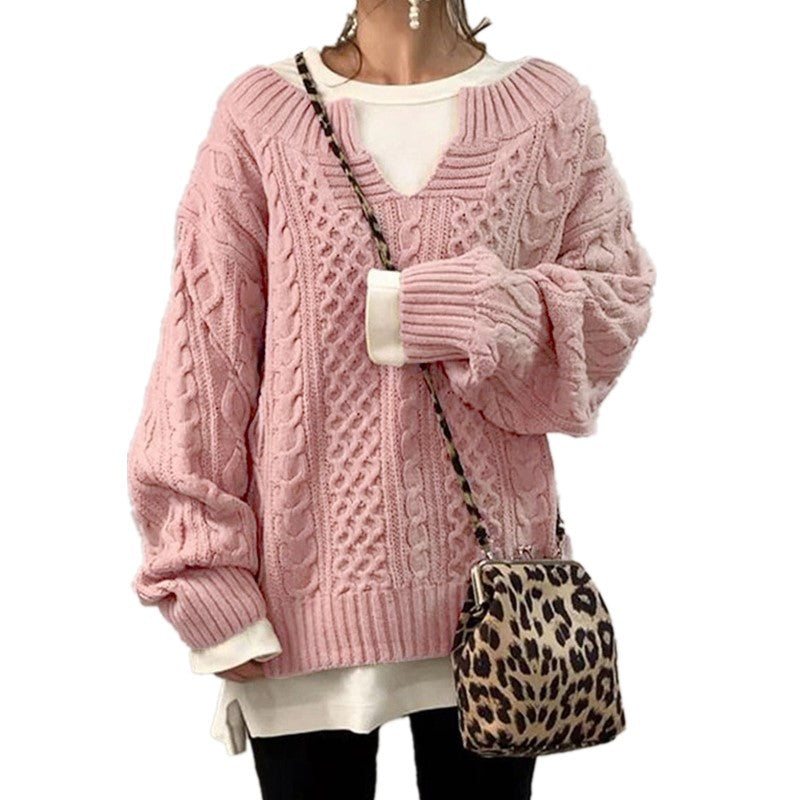 Damen nan weit geschnittener Strickpullover mit Zopfmuster und V-Ausschnitt EB