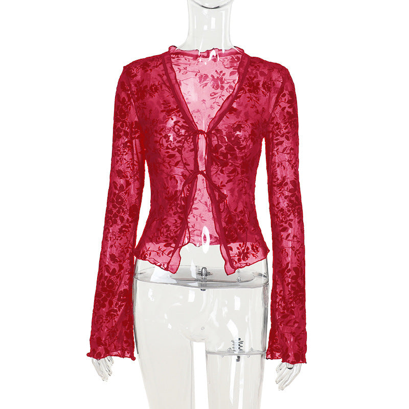 Damen Transparente Spitzenjacke mit floralen Mustern EB