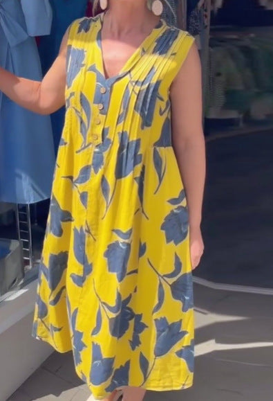 Damen nan lässiges V-Ausschnitt-Midikleid mit Brustpasse, senkrechten Falten und dekorativer Knopfleiste EB