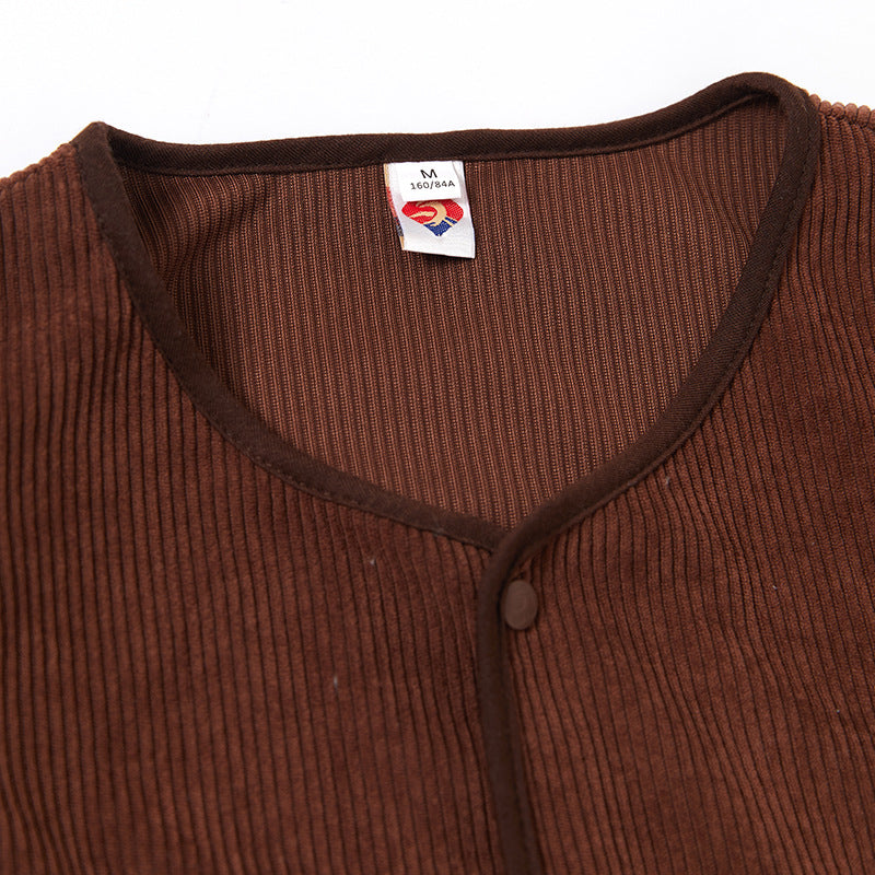 Damen Cropped Rundhals-Cardigan mit Druckknöpfen aus geripptem Strick EB