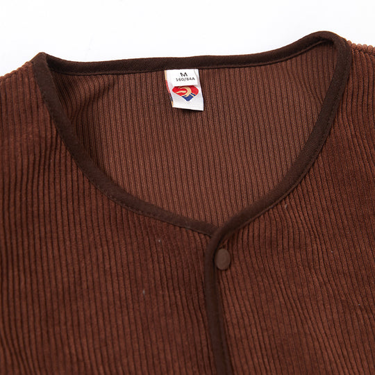Damen Cropped Rundhals-Cardigan mit Druckknöpfen aus geripptem Strick EB