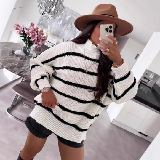 Damen gestreifter Oversized-Pullover mit modischem Rollkragen EB