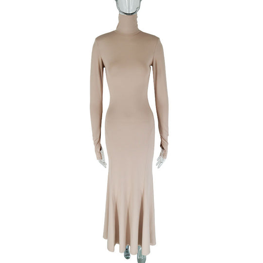 Damen figurbetontes Maxikleid mit hohem Kragen und langen Ärmeln EB
