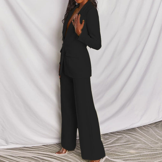 Damen nan eleganter Longline-Blazer mit tiefem V-Ausschnitt und weitem Palazzo-Hosenanzug EB