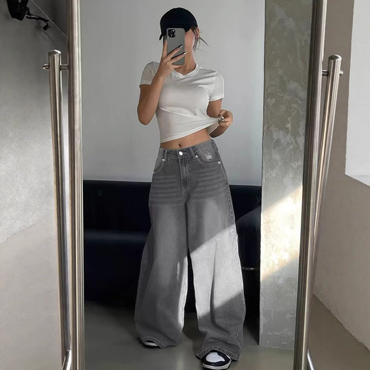 Damen Weite Jeanshose im lässigen Urban-Style mit hohem Taillenbund EB