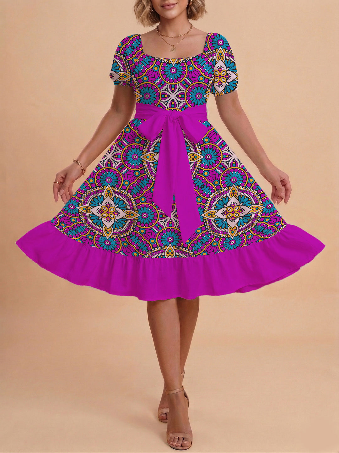 Damen elegantes Maxikleid mit floralem Design und Taillengürtel EB