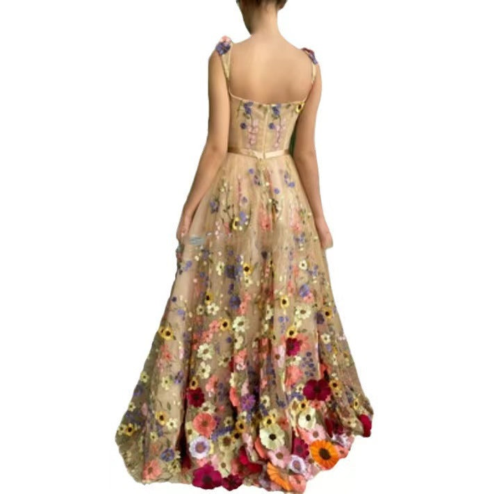 Damen Blumengesticktes Tüllkleid mit Taillengürtel und A-Linien-Silhouette EB
