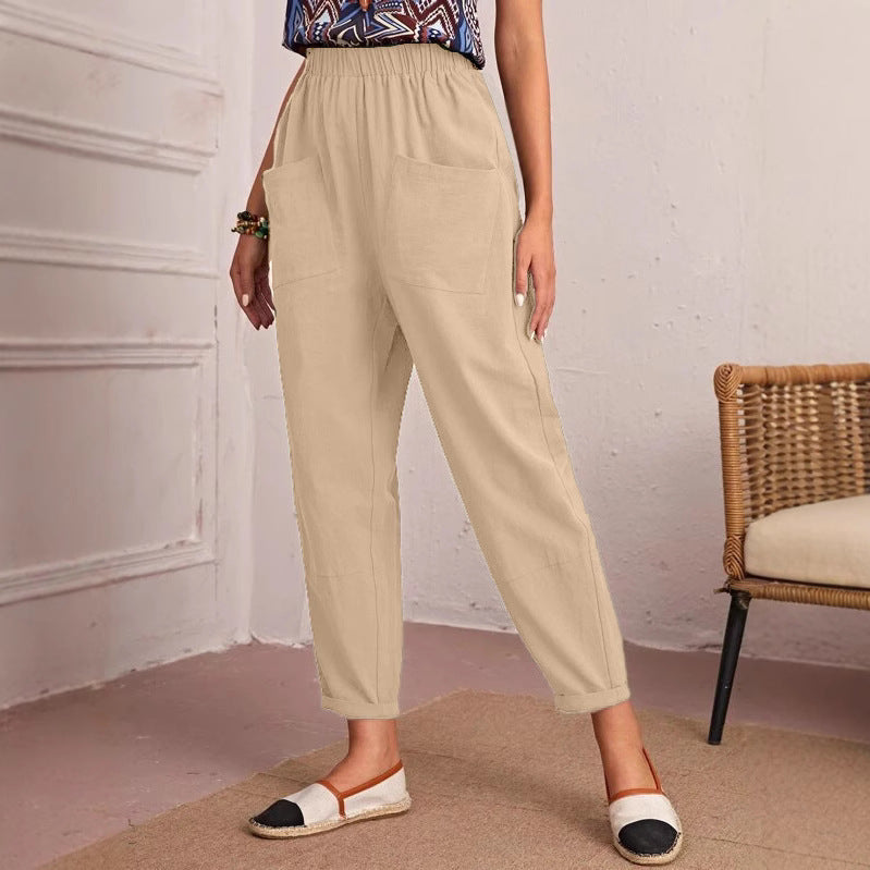 Damen lockere Komfort-Hose mit elastischem Bund und großen Taschen EB