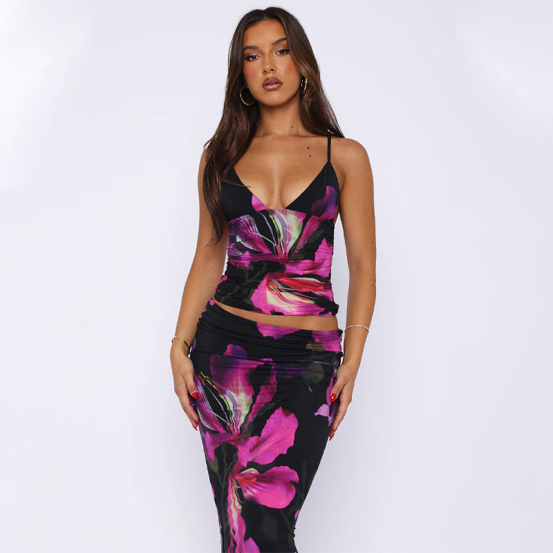 Damen Elegantes Maxikleid mit floralem Muster und Spaghetti-Trägern EB