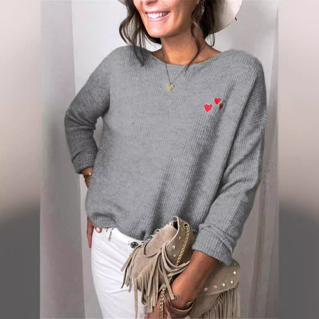 Damen Oversize Strickpullover mit Herz-Stickerei und weitem Boot-Ausschnitt EB