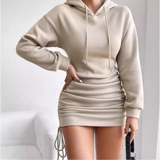Damen Kapuzenkleid mit gerafftem Saum und bequemem Schnitt EB