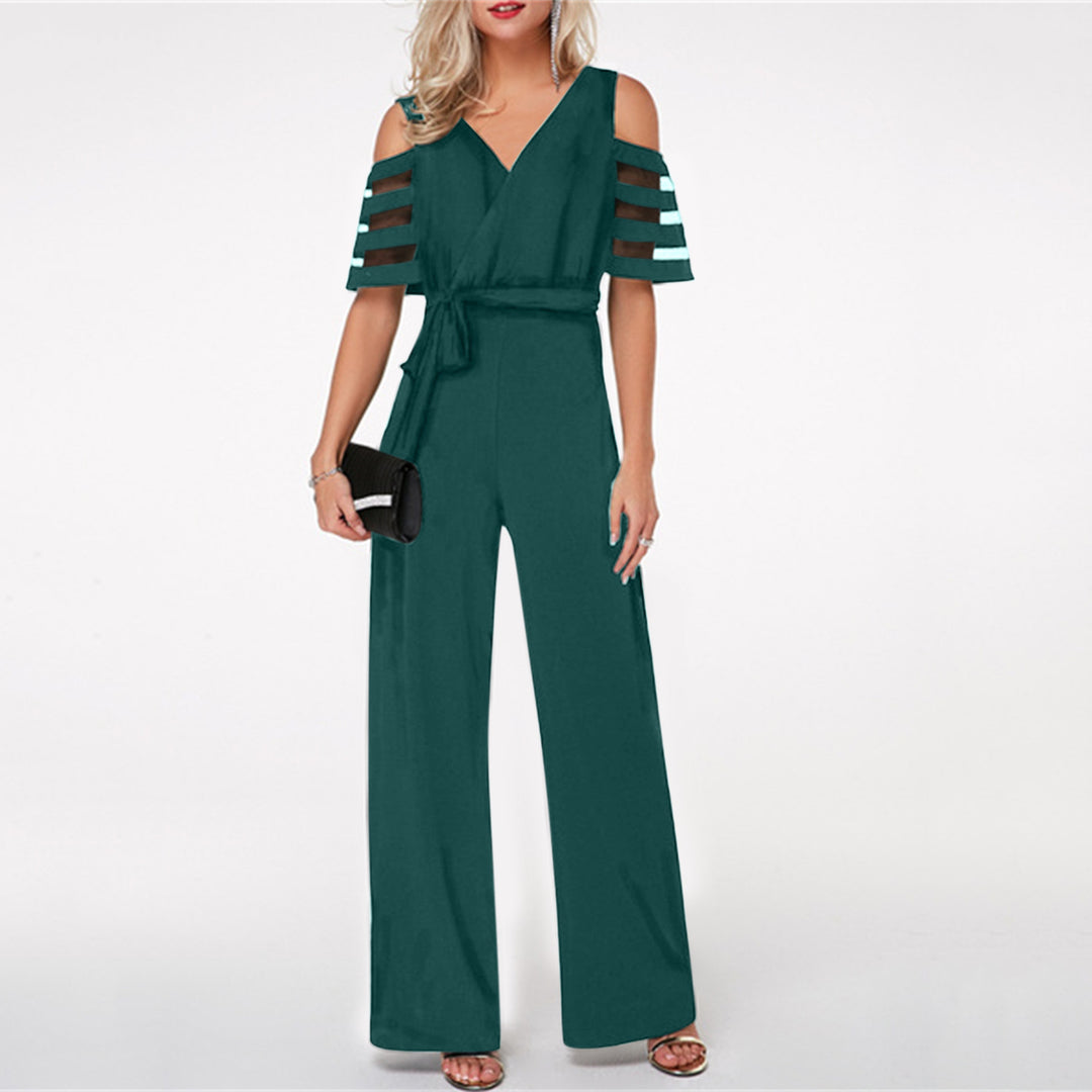 Damen Eleganter Jumpsuit mit transparenten Ärmel-Details und Taillengürtel EB