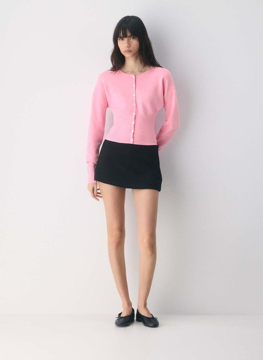 Damen Cropped Strickjacke mit Knopfleiste und Rippstrick EB