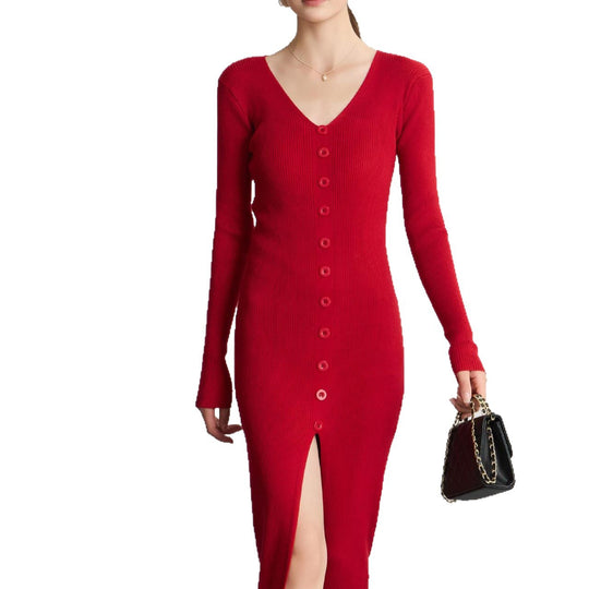 Damen Langes Strickkleid mit V-Ausschnitt und durchgehender Knopfleiste EB