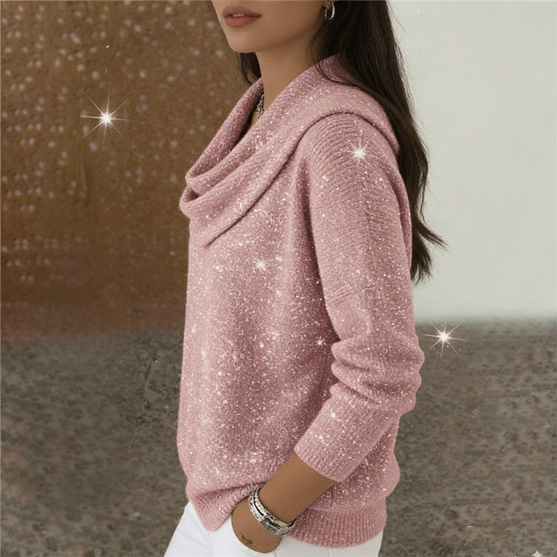 Damen nan fein gestrickter Pullover mit Wasserfallkragen und geripptem Saum EB