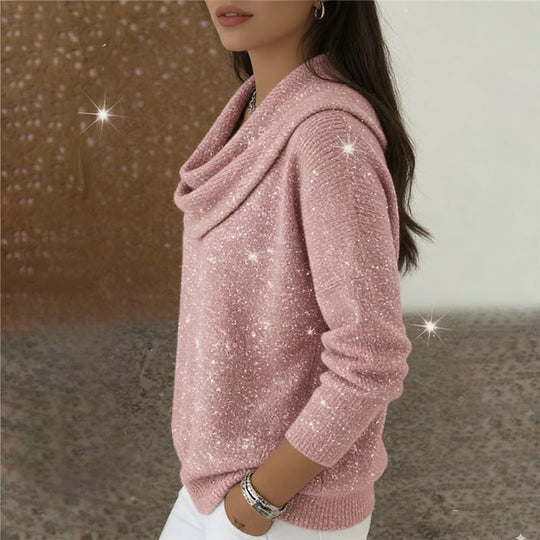 Damen nan fein gestrickter Pullover mit Wasserfallkragen und geripptem Saum EB