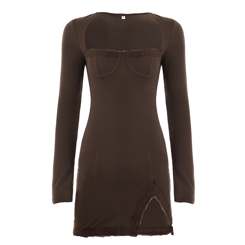 Damen nan figurbetontes Langarm-Minikleid mit Korsettoptik, geformten Cups und Spitzendetail EB