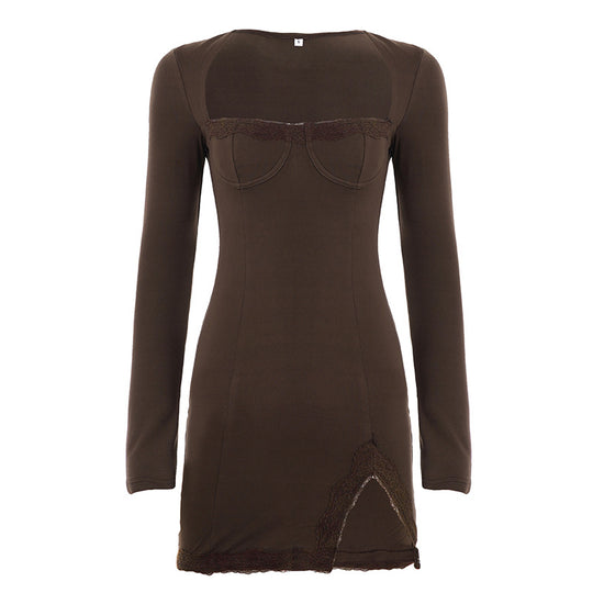 Damen nan figurbetontes Langarm-Minikleid mit Korsettoptik, geformten Cups und Spitzendetail EB