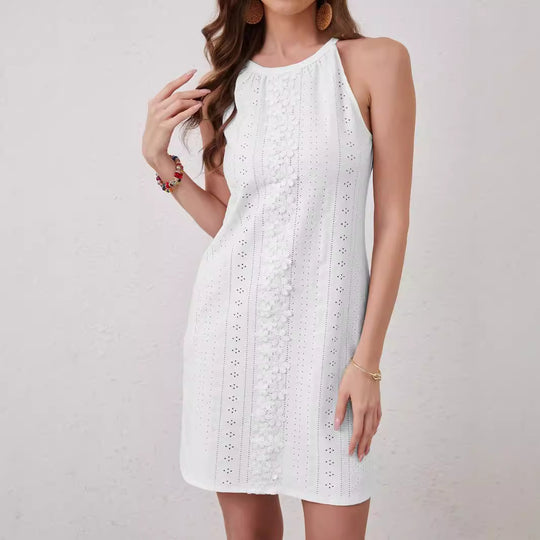 Damen Sommerkleid mit floraler Spitze und hochgeschlossenem Ausschnitt EB