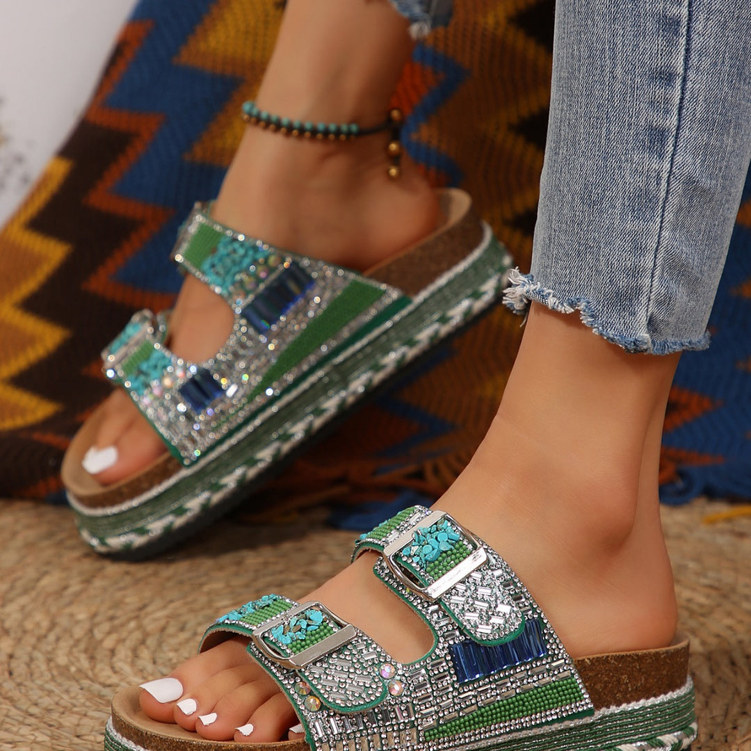 Damen bequeme Sandalen mit dekorativen Steinen und breiten Riemen EB