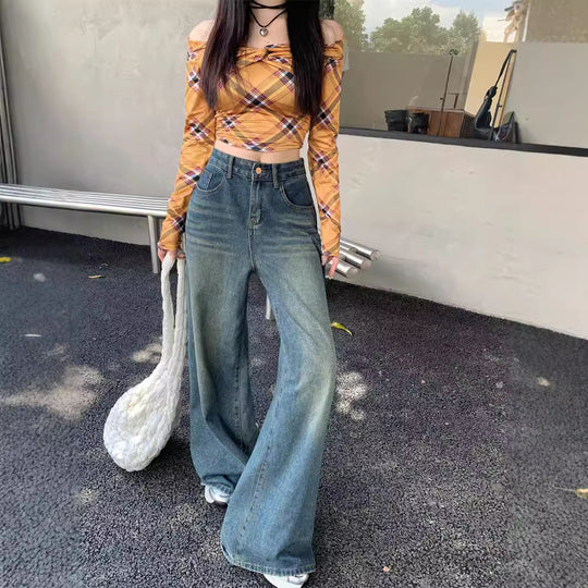 Damen Weite Flared Jeans mit hohem Bund und modischem Vintage-Design EB