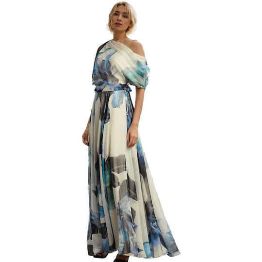 Damen elegantes Chiffon-Kleid mit schulterfreiem Design und floralem Muster EB