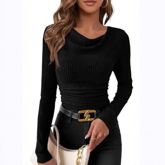 Damen Figurbetontes Feinripp-Longsleeve mit asymmetrischem Wasserfallkragen EB