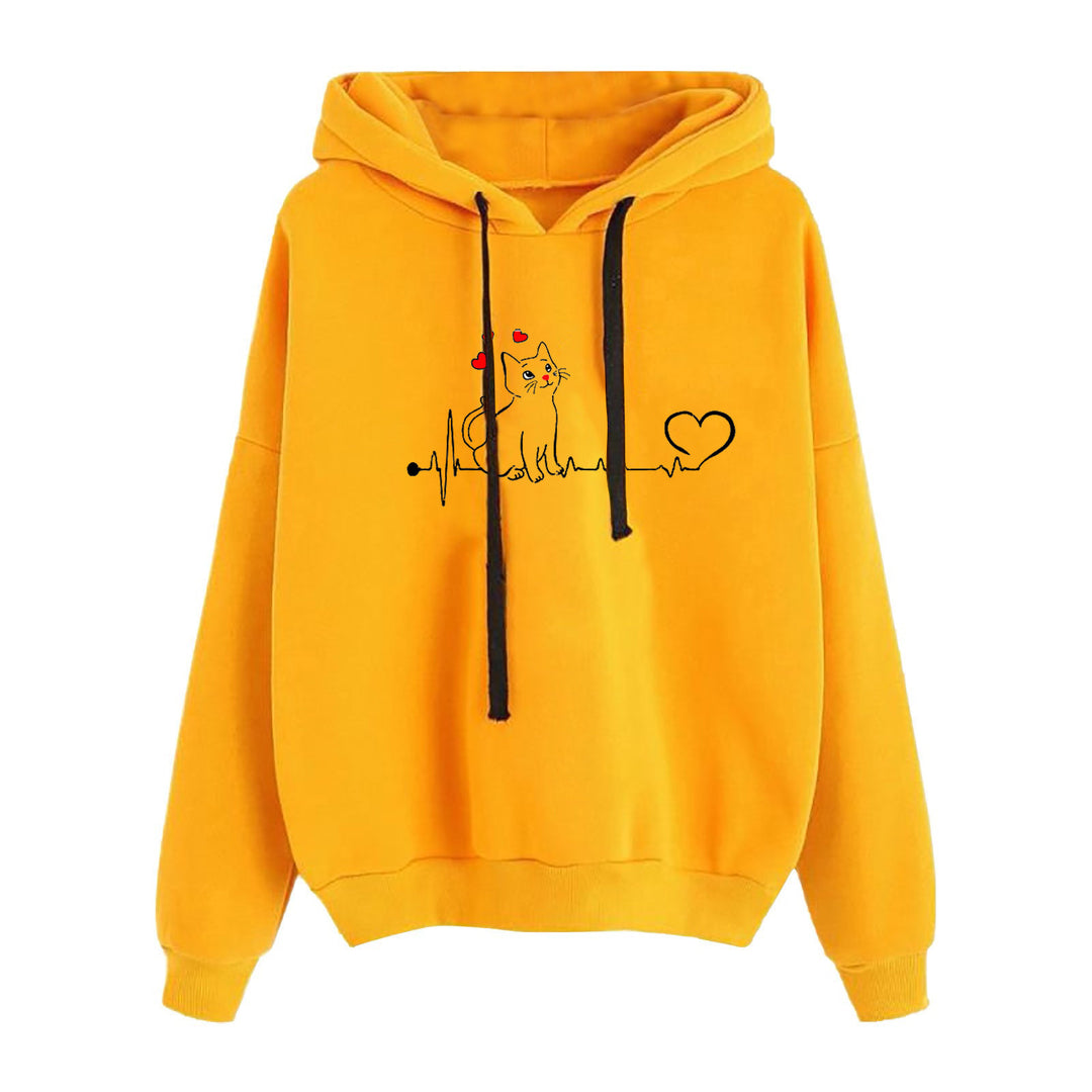 Damen nan leichter Oversize Kapuzenpullover mit Herz‑EKG‑Motiv, langen Kordeln und elastischem Bund EB