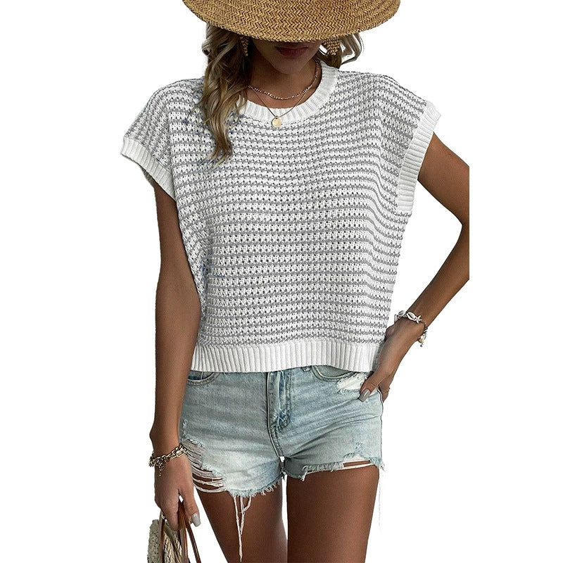 Damen lässiges Strickoberteil mit kurzen Ärmeln und strukturiertem Design EB