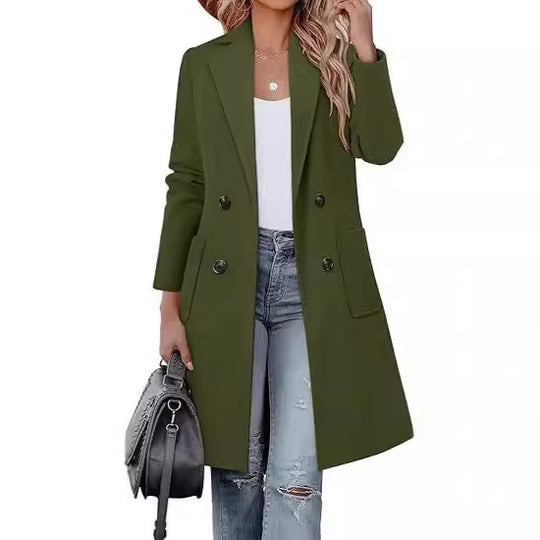 Damen Doppelreihiger Longblazer-Mantel mit aufgesetzten Taschen und taillierter Silhouette EB