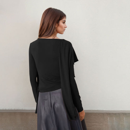 Damen asymmetrisches Cape-Longsleeve mit hohem Kragen und fließendem Overlay Eichborn Berlin