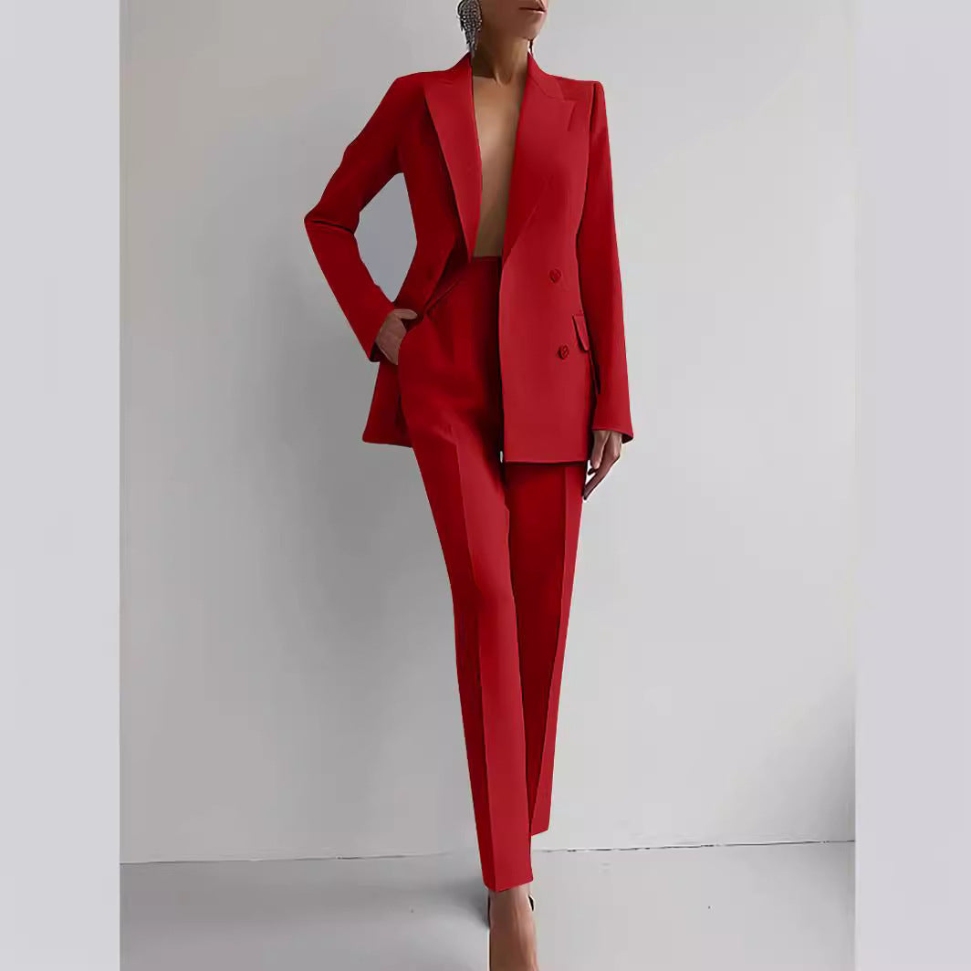 Damen elegantes Zweiteiler-Anzug-Set mit tailliertem Blazer und schmalen Hosen EB