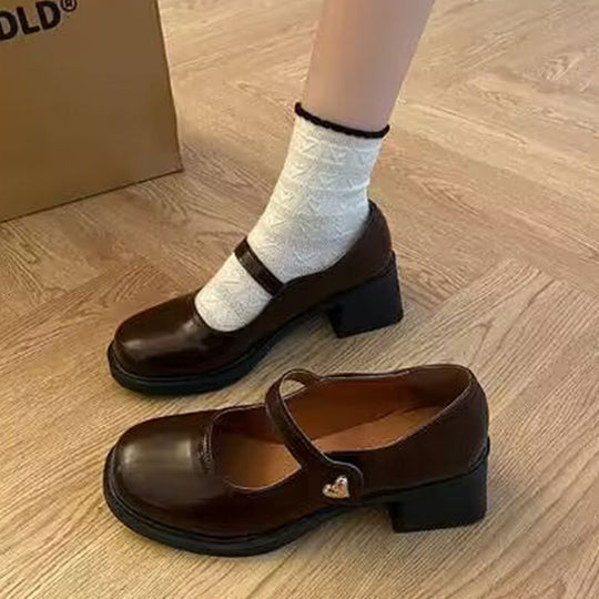 Damen Mary-Jane Schuhe mit modischer Herzschnalle und komfortablem Blockabsatz EB