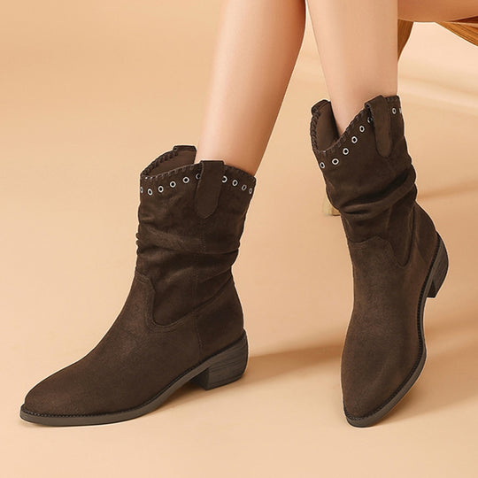 Damen modische Stiefeletten im Antik-Look mit dekorativen Nieten und flexiblem Schaft EB