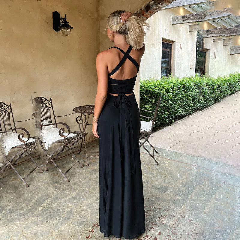 Damen elegantes Maxikleid mit verführerischem Ausschnitt und fließendem Rock EB