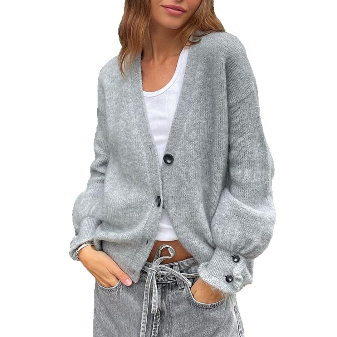 Damen nan lässige Strickjacke mit tiefem V-Ausschnitt, aufgesetzten Knopfleisten und Ballonärmeln EB