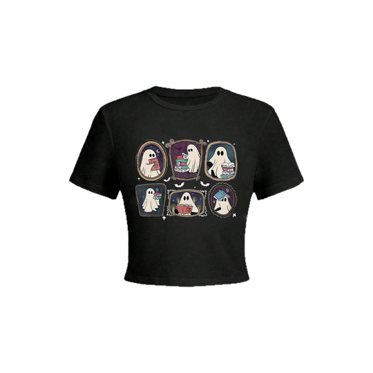 Damen Crop-T-Shirt mit verspieltem Geistermotiv EB