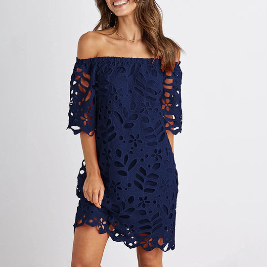 Damen Off-Shoulder Kleid mit floralen Cut-Outs und luftigen Ärmeln EB