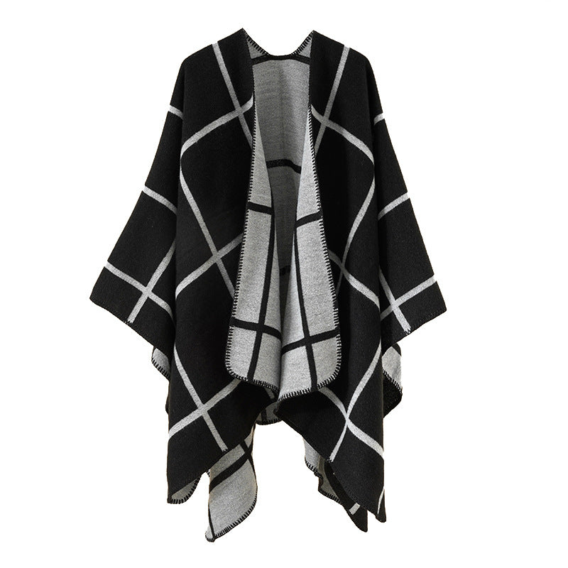 Damen Offener Wollmix-Poncho im Cape‑Stil mit dezentem Karomuster EB