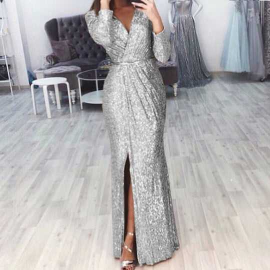Damen Elegantes Wickelkleid mit funkelndem Detail und seitlichem Schlitz EB