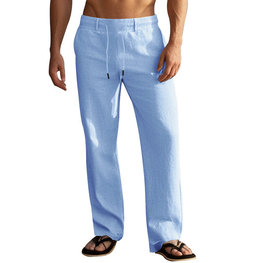 Herren nan leichte Leinen-Loungehose mit elastischem Tunnelzugbund, Kordelzug und weitem Bein EB