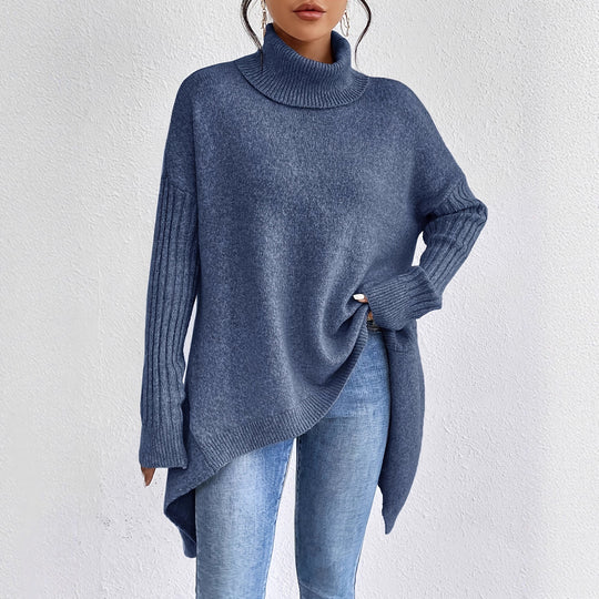 Damen nan Oversize Strickpullover mit hohem Rollkragen, gerippten Ärmeln und asymmetrischem Saum EB