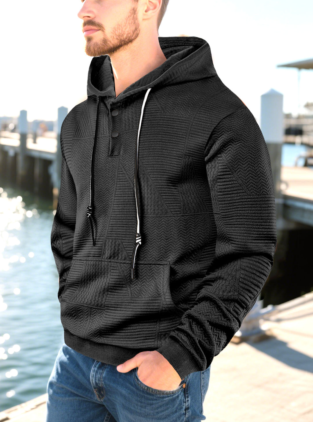 Herren nan geometrischer Struktur-Kapuzenpullover mit Henley-Blende und Kängurutasche EB