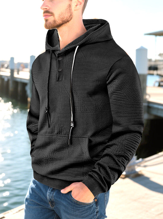 Herren nan geometrischer Struktur-Kapuzenpullover mit Henley-Blende und Kängurutasche EB