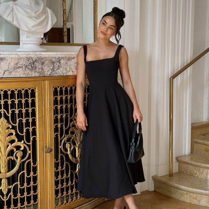 Damen Elegantes Maxikleid mit quadratischem Ausschnitt und fließendem Rock EB